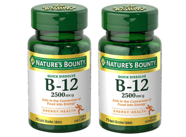 Nature's Bounty Vitamin B12 2500 mcg, Cellular Energy Support, for Energy Metabolism, Heart & Nervous System Health, 75 Quick Dissolve Tablets (Pack of 2)